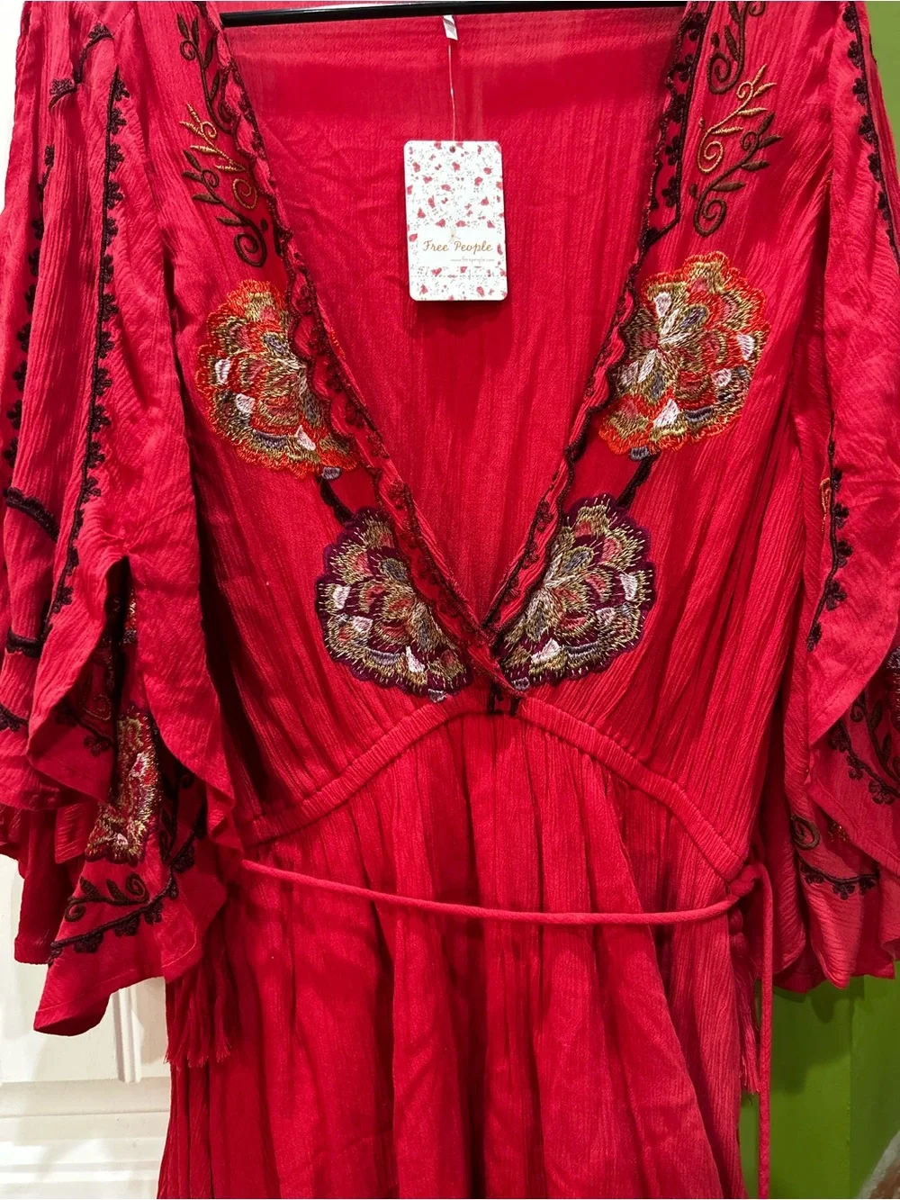 Free People Red Embroidered Tassel Tie Mini Dress